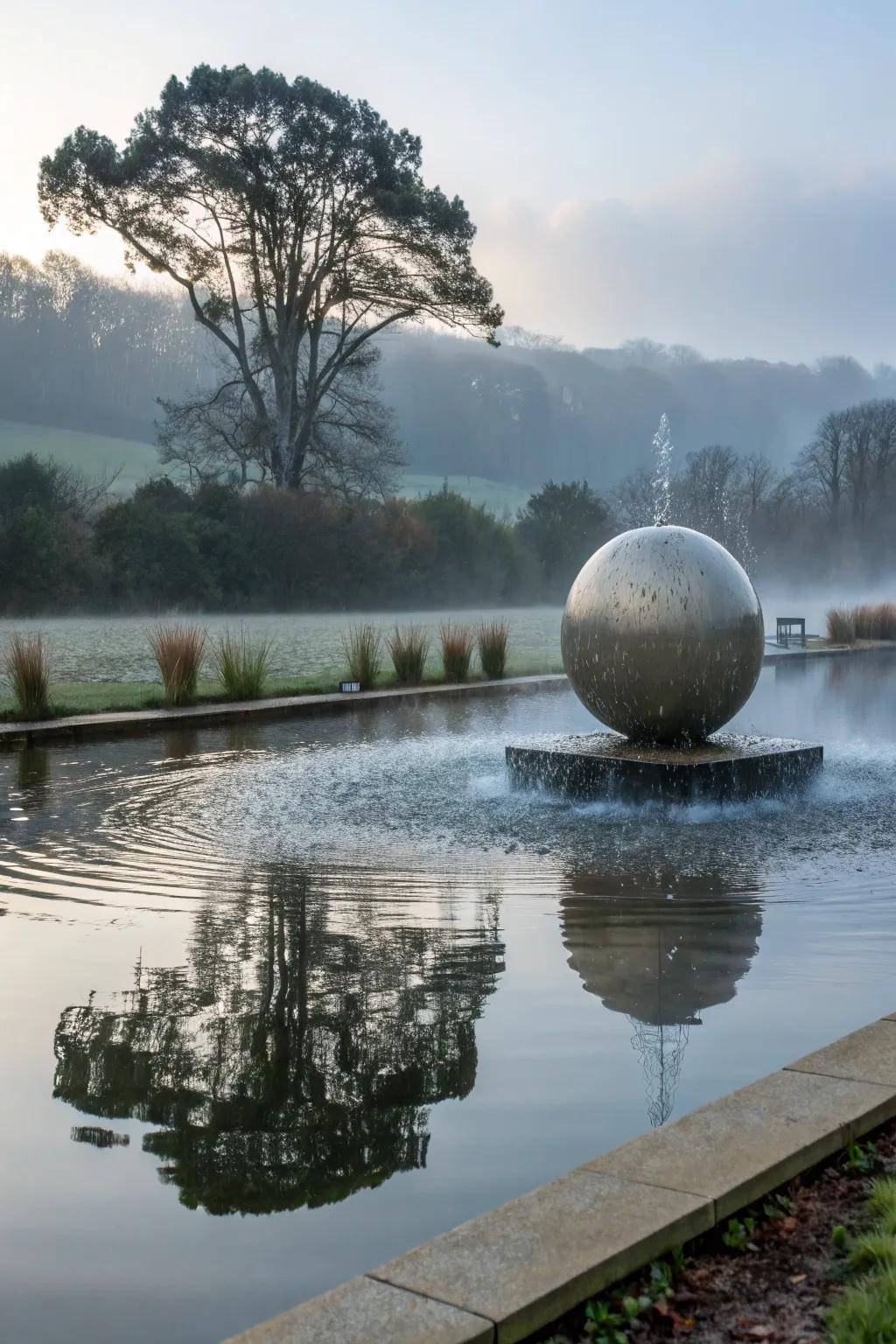 A floating sphere fountain adds a touch of intrigue and elegance.