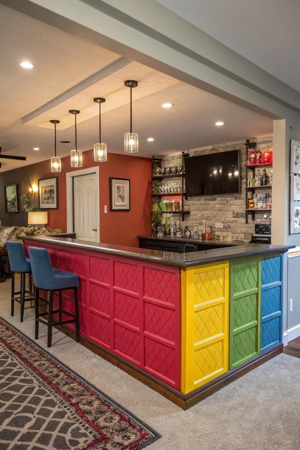 Contrasting colors create a bold and lively bar atmosphere.