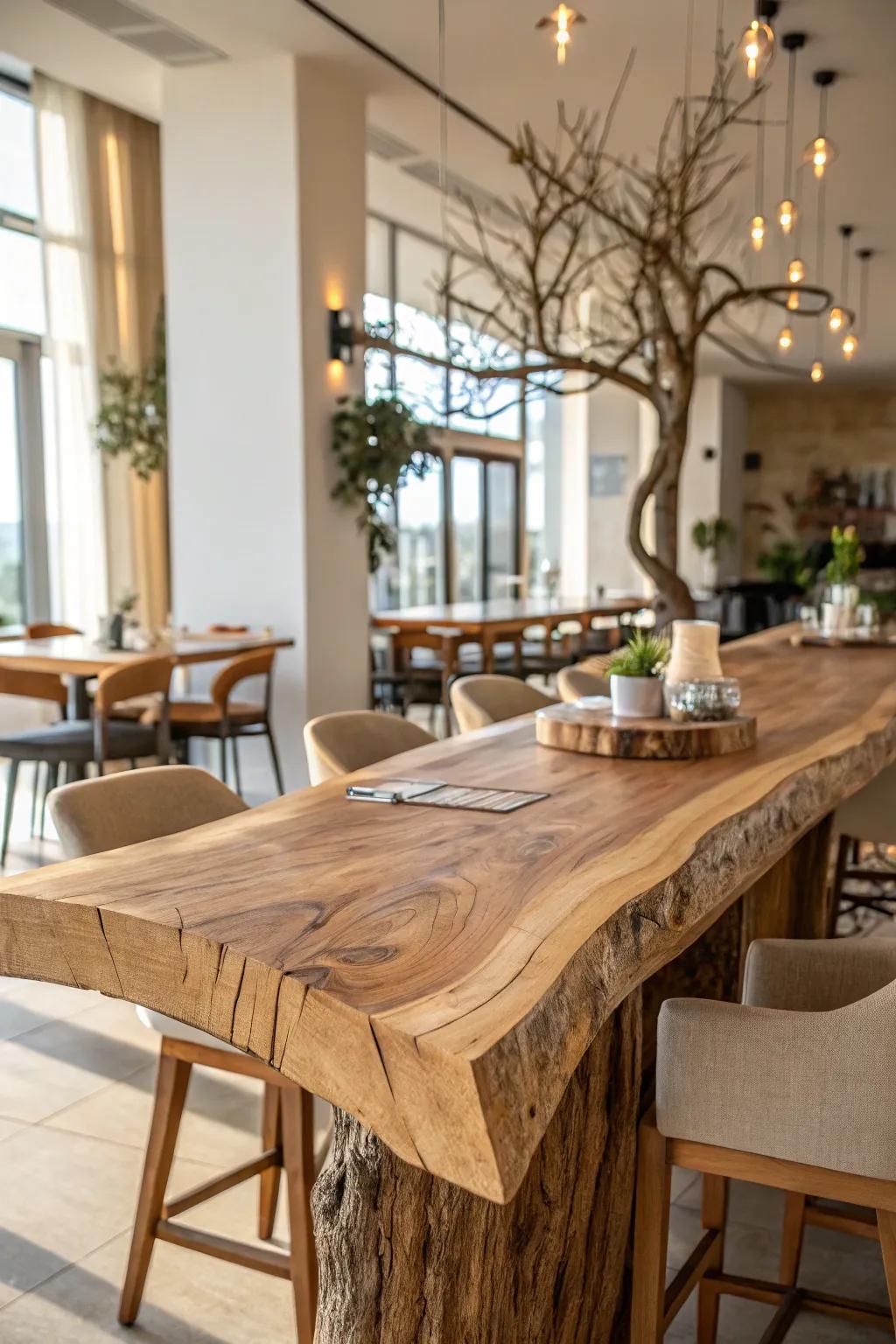 Organic beauty of a natural wood bar table.