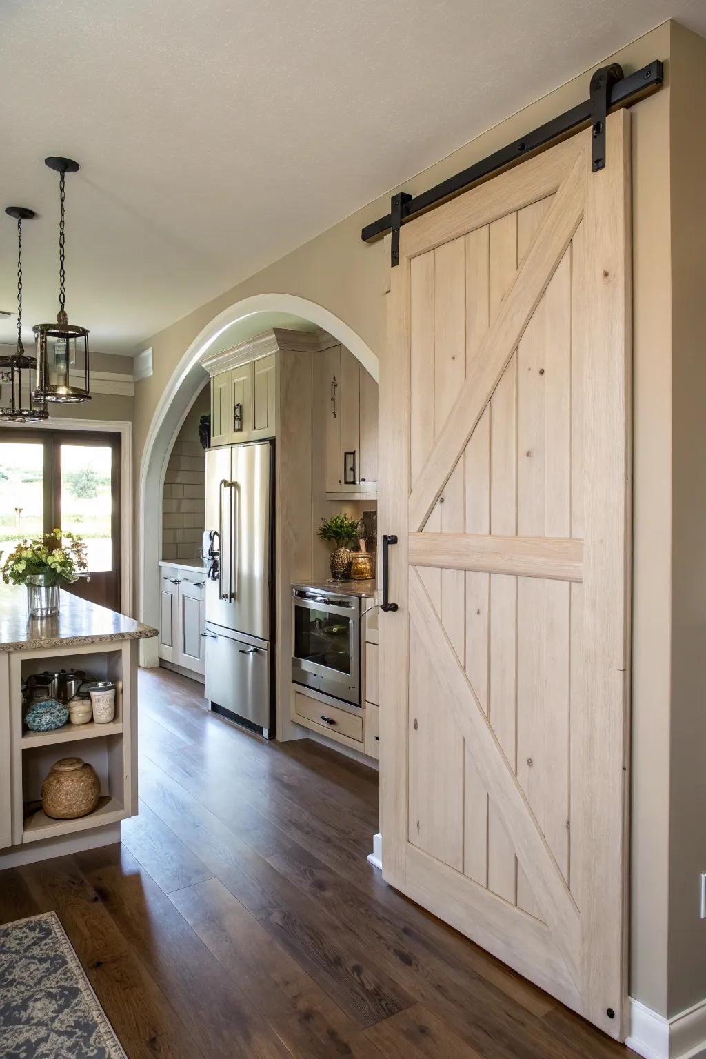 A kitchen with an arched sliding barn door pantry.