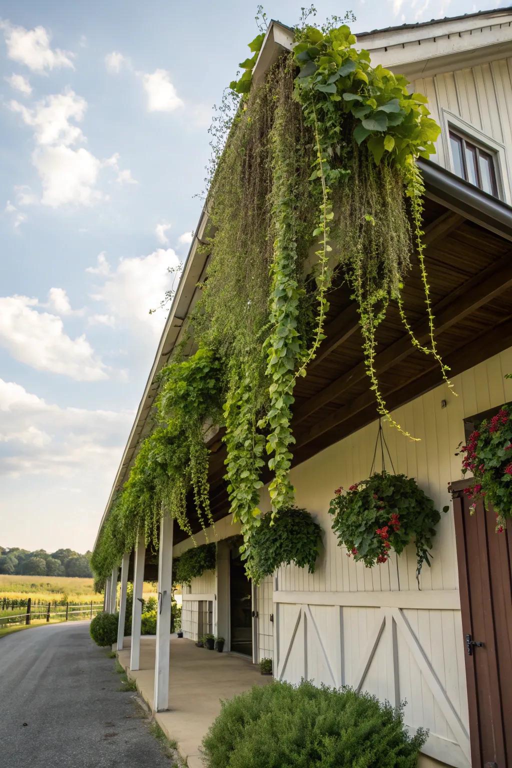 An overhang brought to life with hanging plants.