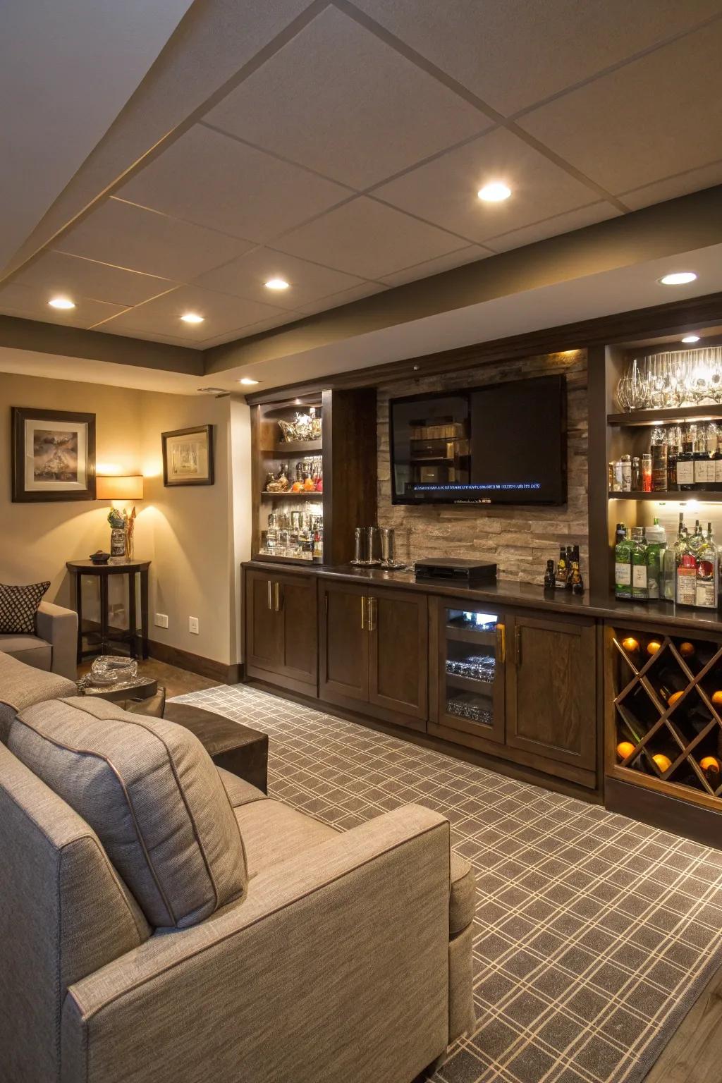 A basement TV room featuring a stylish mini bar for easy access to refreshments.