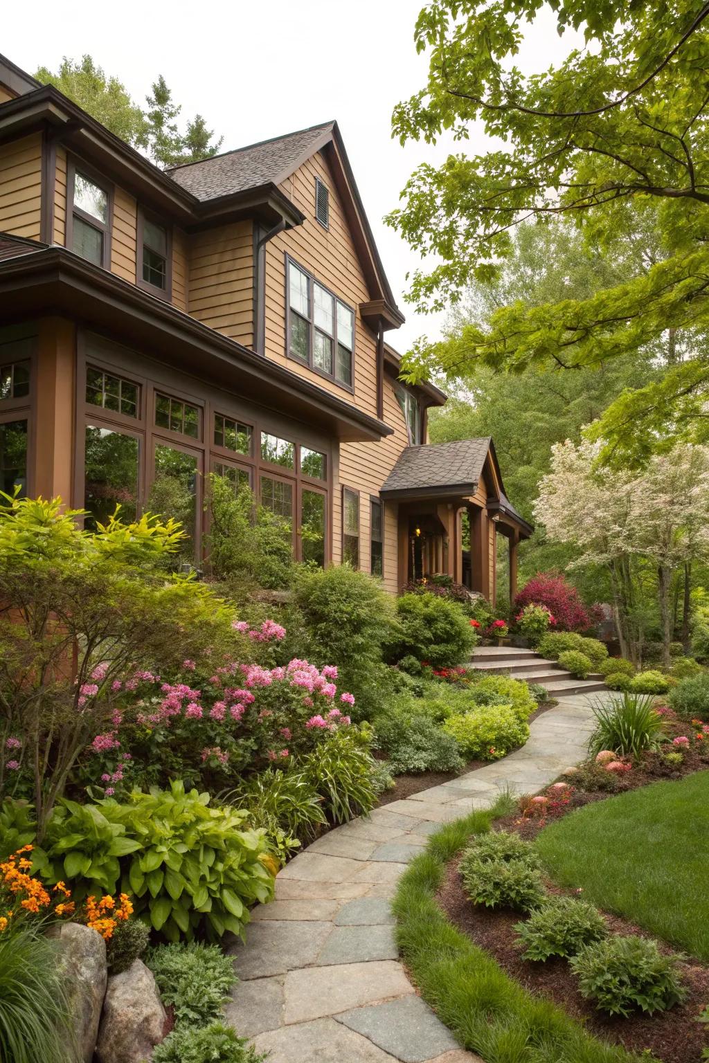 A charming exterior featuring warm brown trim.