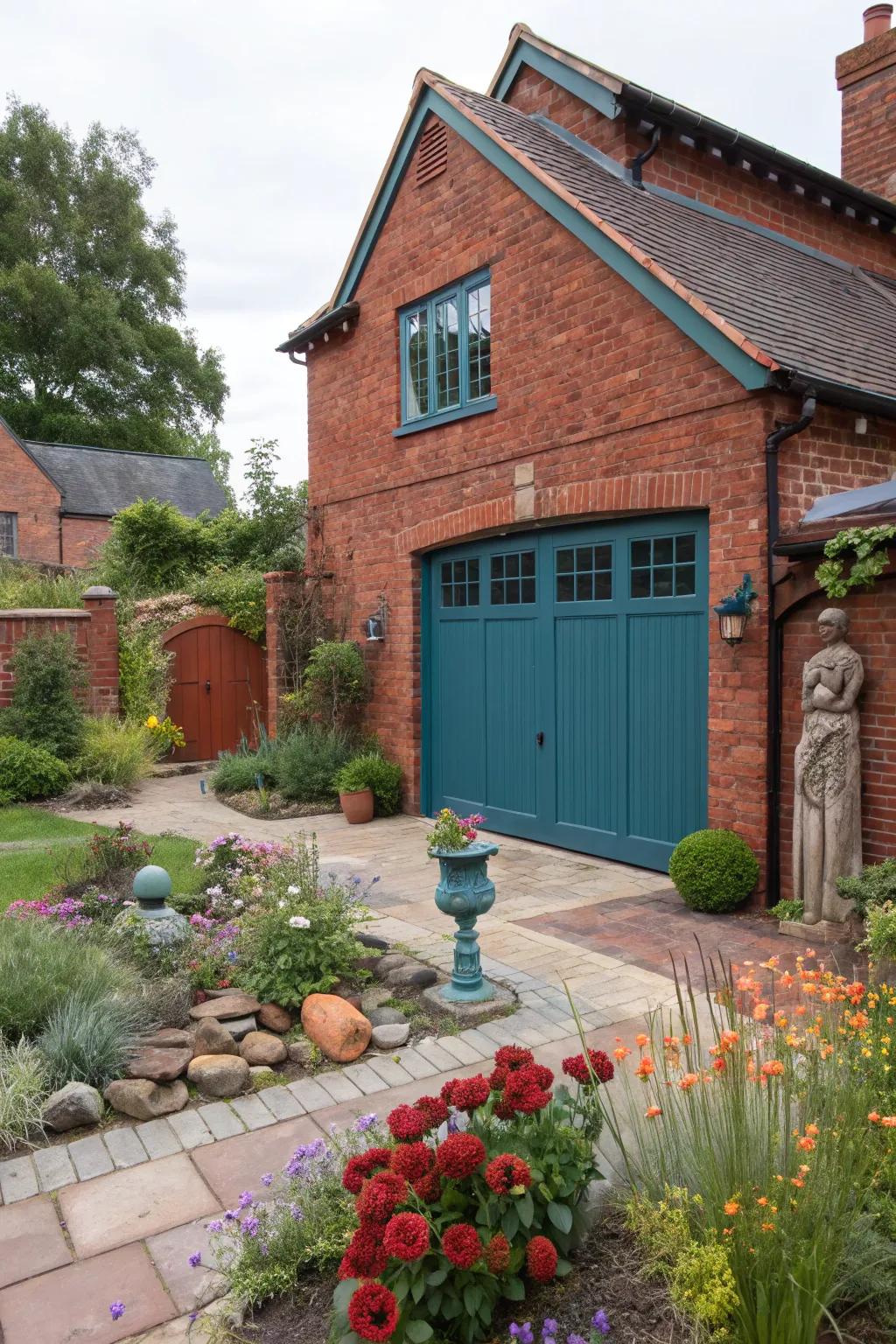 Deep teal garage doors add an artistic flair to red brick homes.