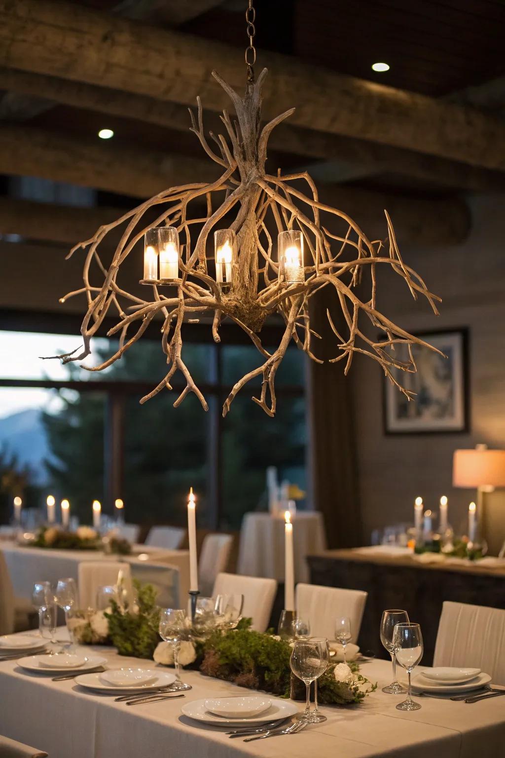 A hanging branch chandelier adds drama and elegance overhead.