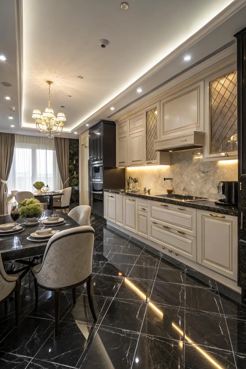 A kitchen exuding luxury with black marble floor tiles.