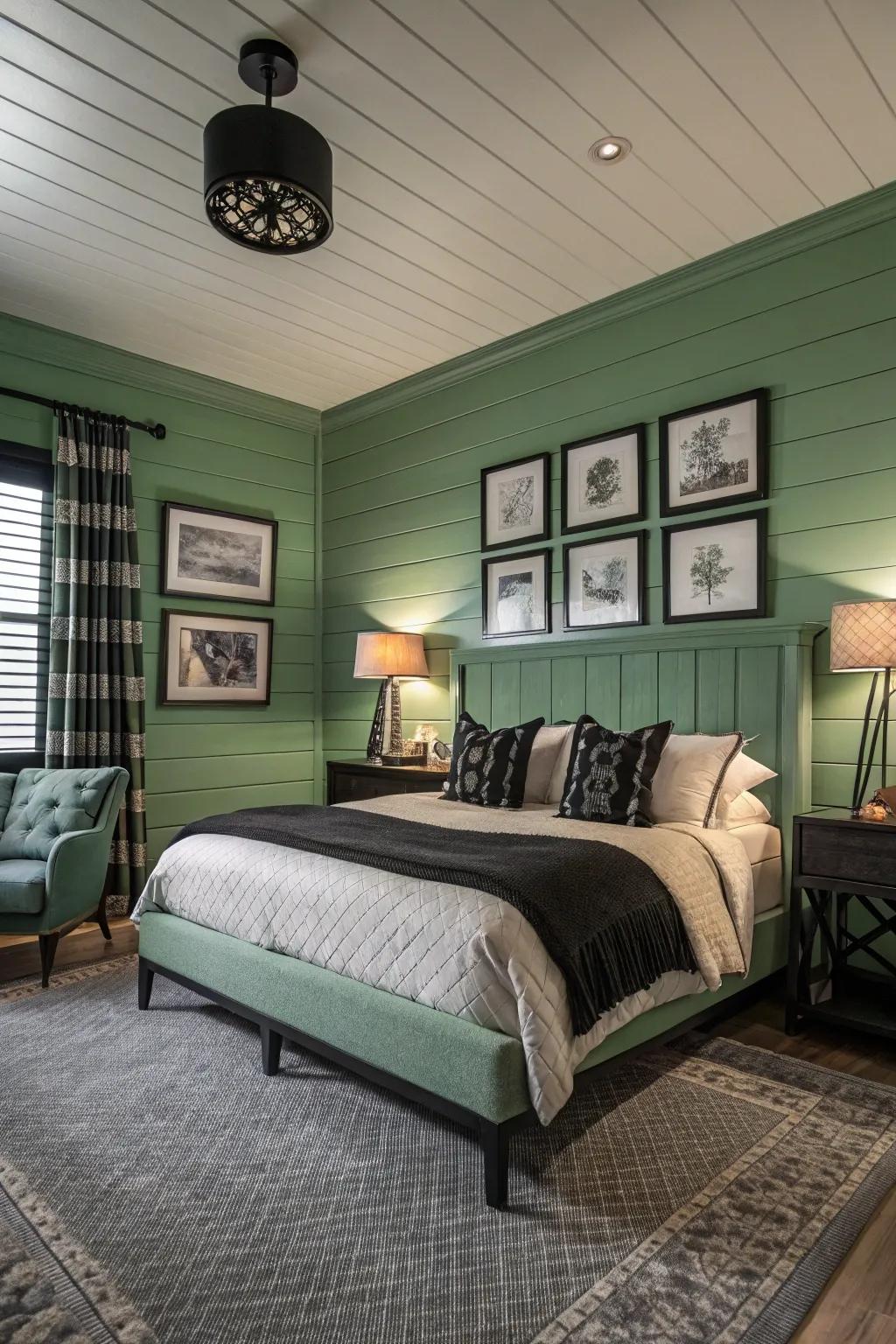 Green shiplap walls offering texture and warmth.