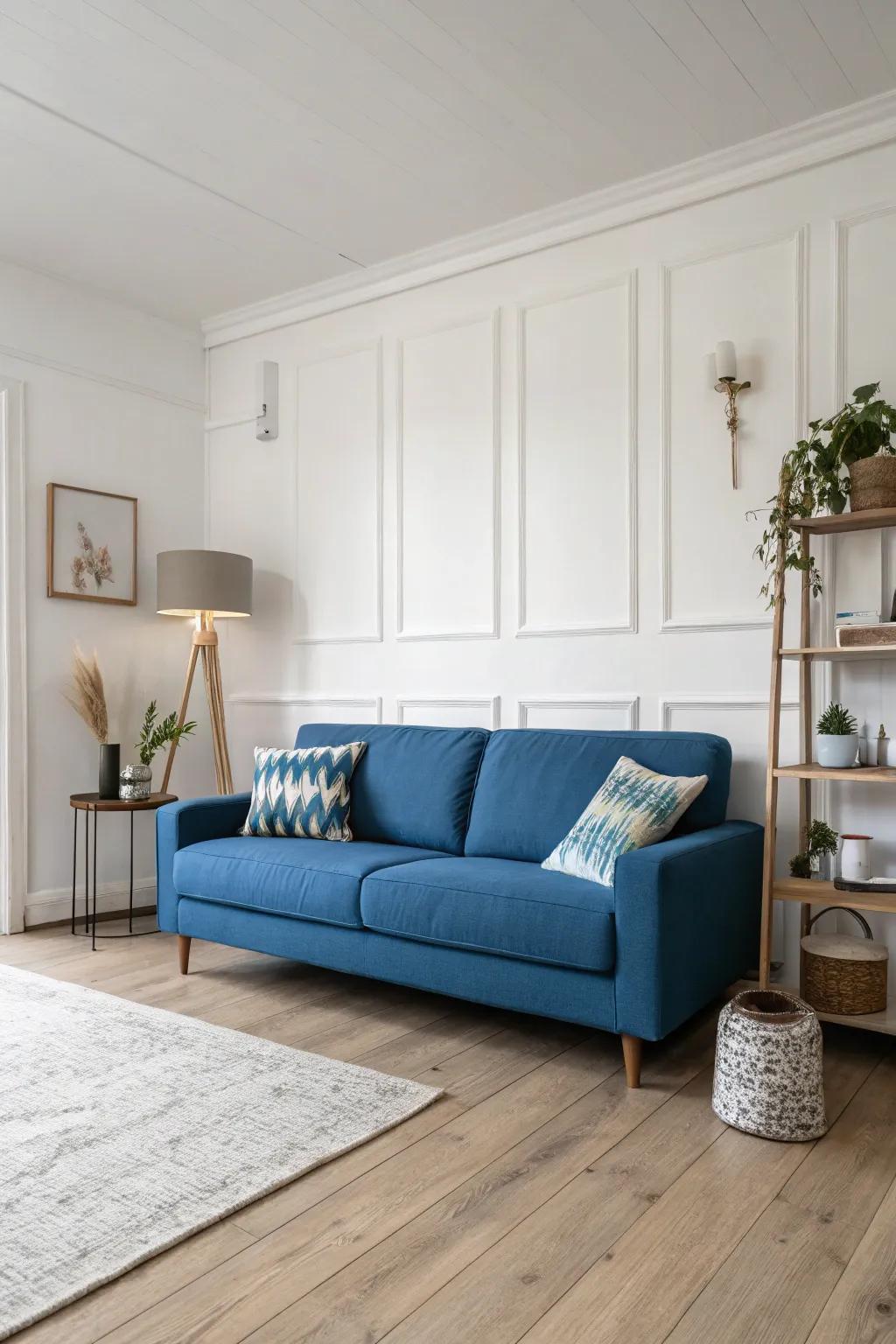 A minimalist approach highlights the blue sofa.