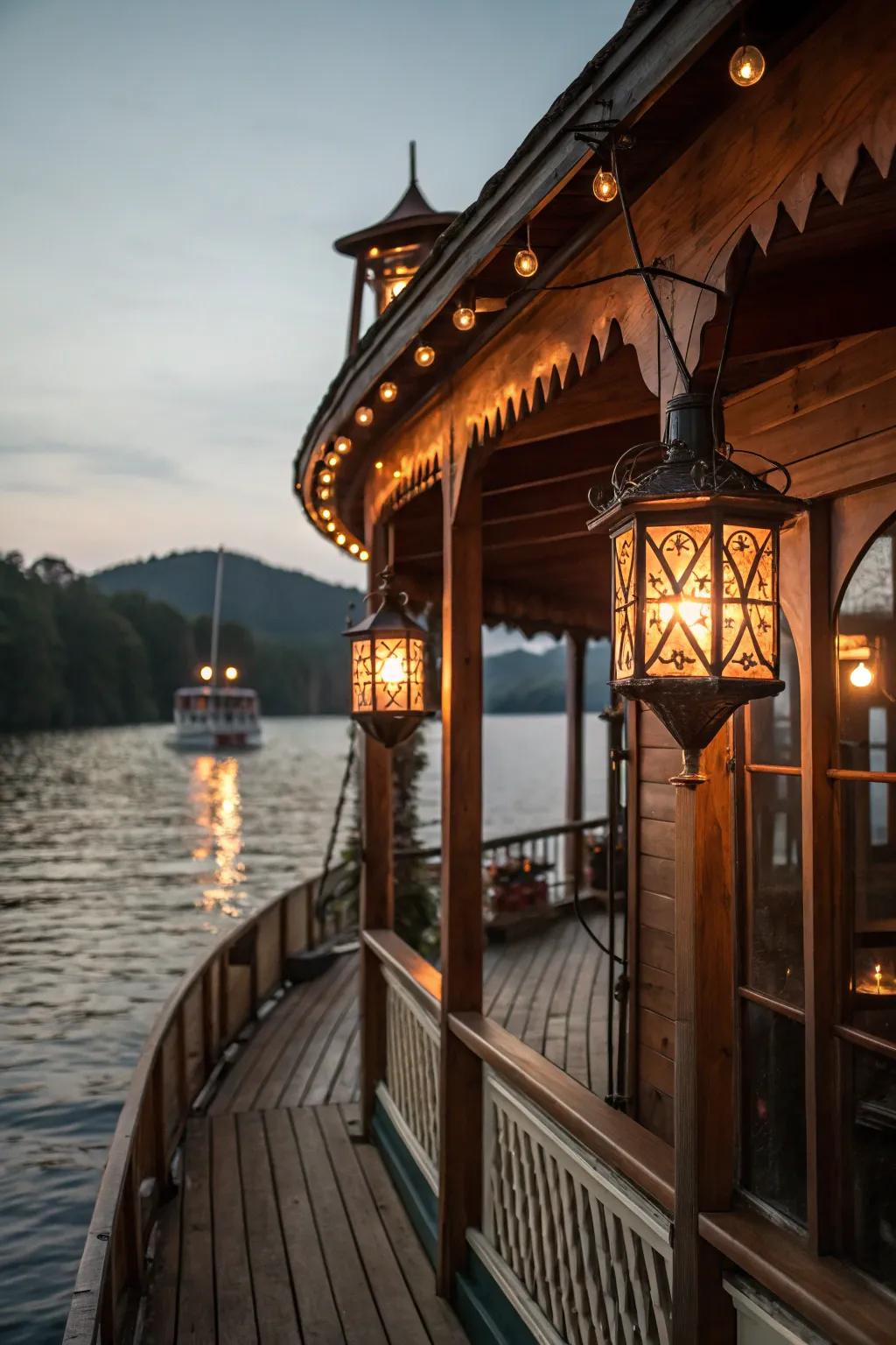 Vintage lanterns bring a nostalgic charm to the boat house setting.