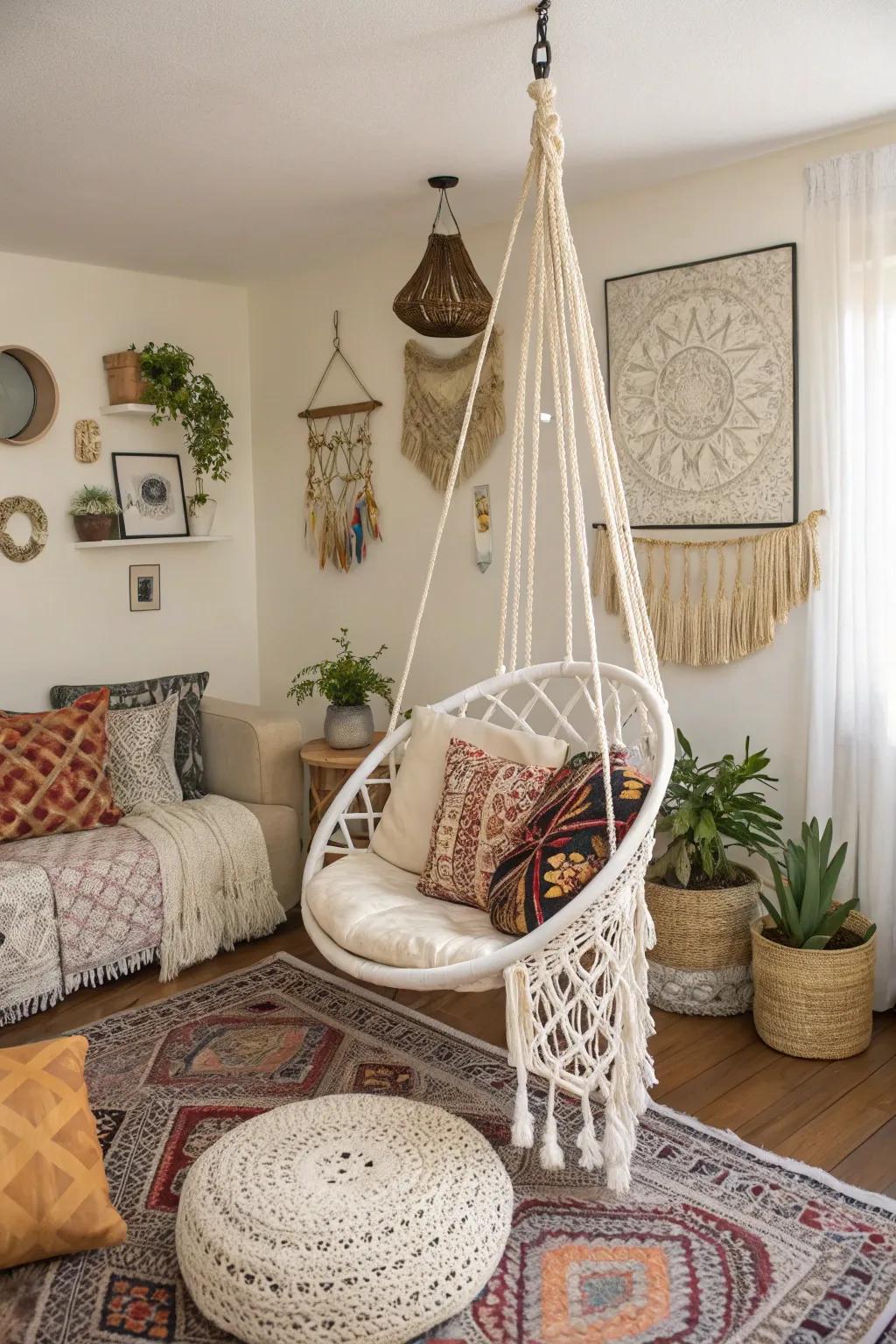 A hanging chair invites whimsical relaxation.