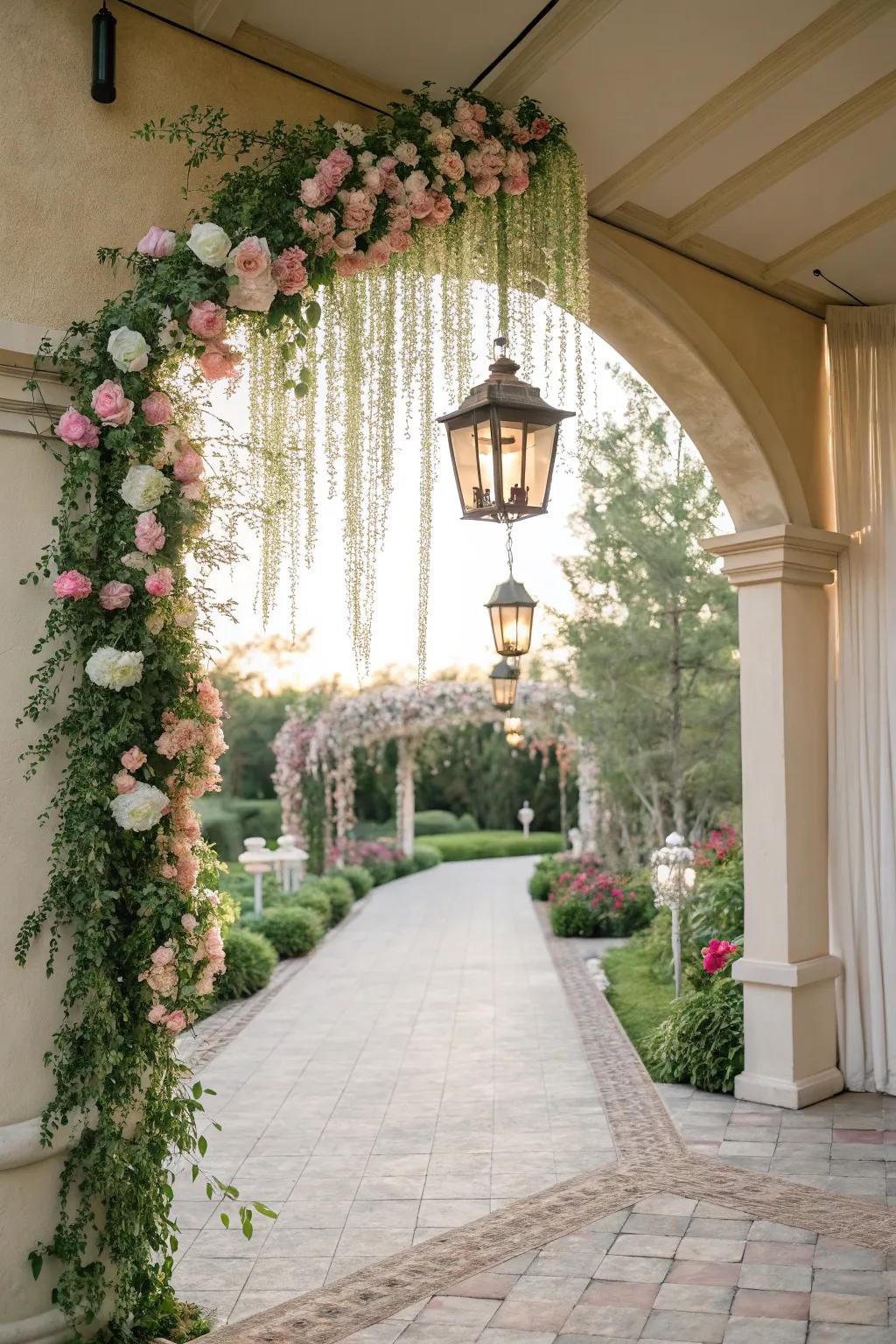Mesmerizing hanging floral installations create a breathtaking entrance for the bridal shower.