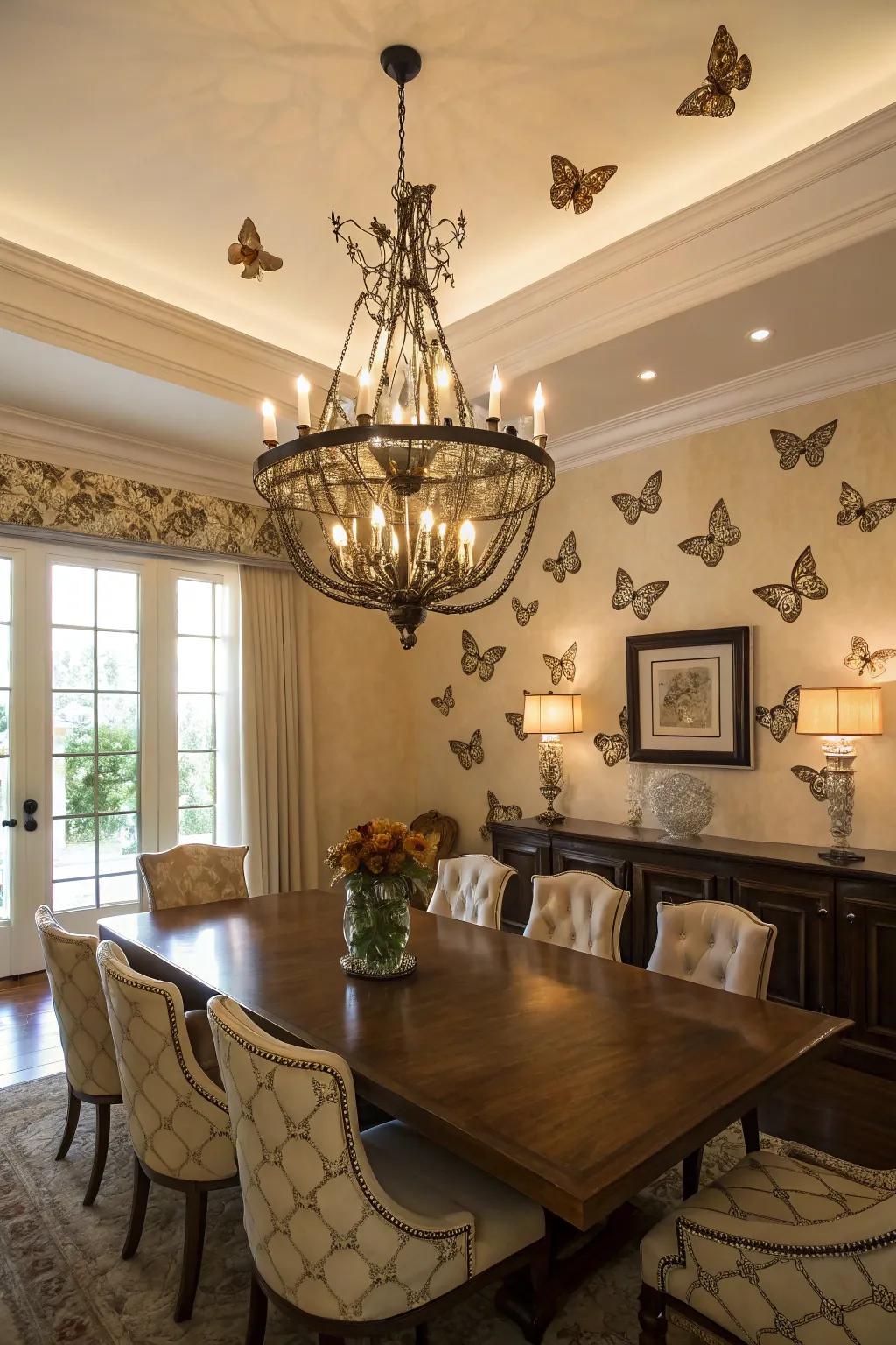 A butterfly chandelier serves as a breathtaking focal element.