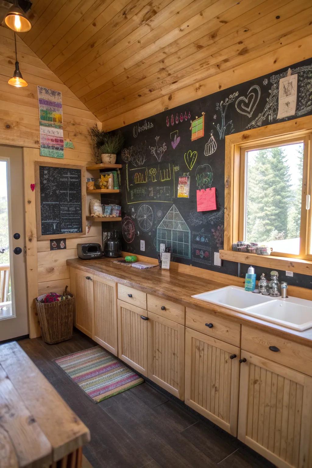 An interactive chalkboard wall in a family-friendly cabin kitchen.