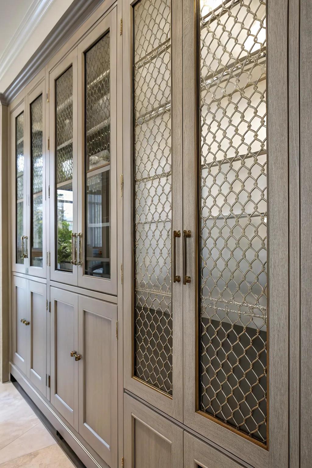 Metal mesh panels with mirrors add texture and elegance.