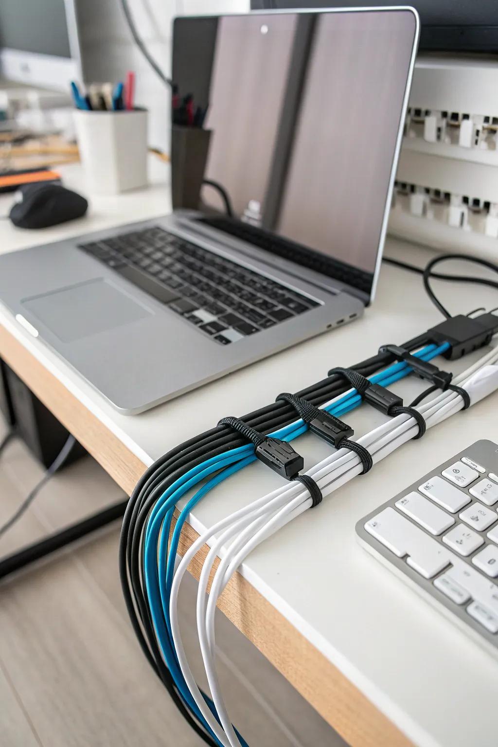 Zip ties and cable clips securing cables.