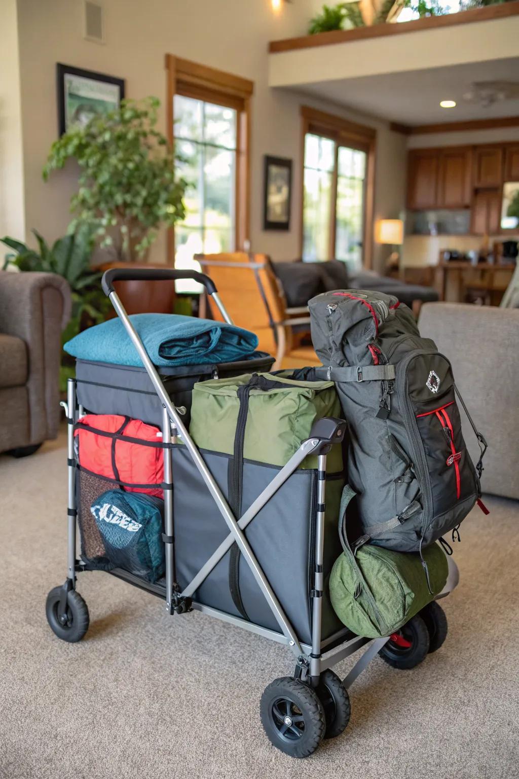 A rolling cart system offers flexible and mobile storage for camping gear.