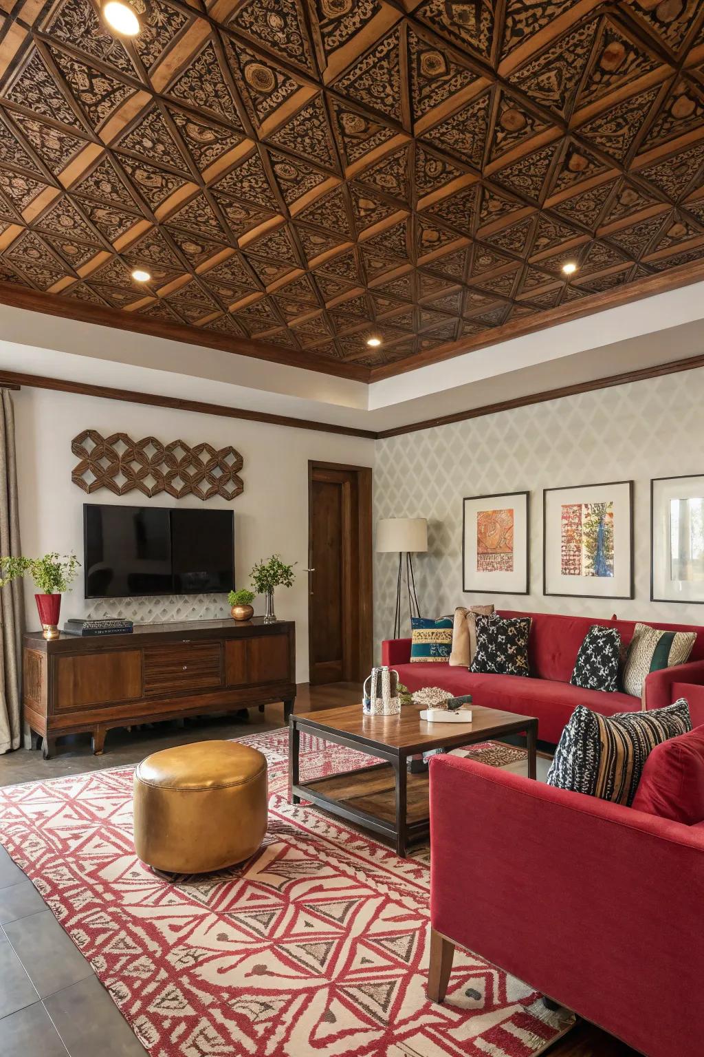 A room showcases a geometric amber canopy, appending profundity as well as interest.