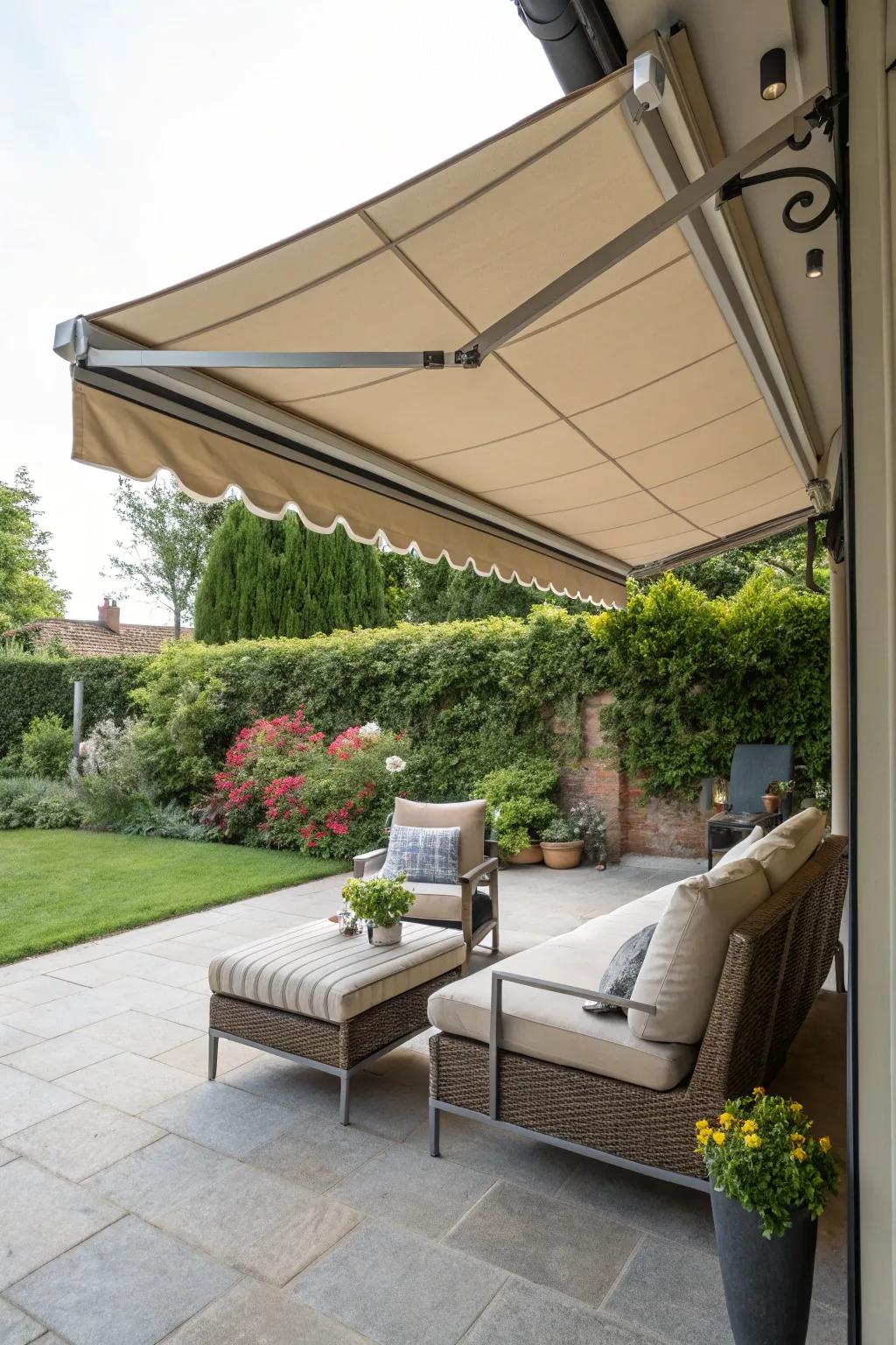 Retractable awnings provide adjustable shade options.