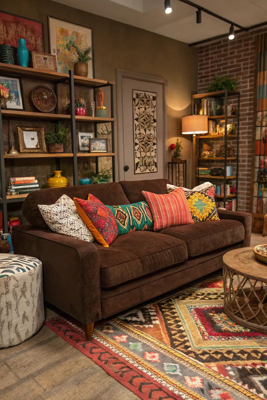 Eclectic maximalism infuses personality and vibrancy into a chocolate couch setting.