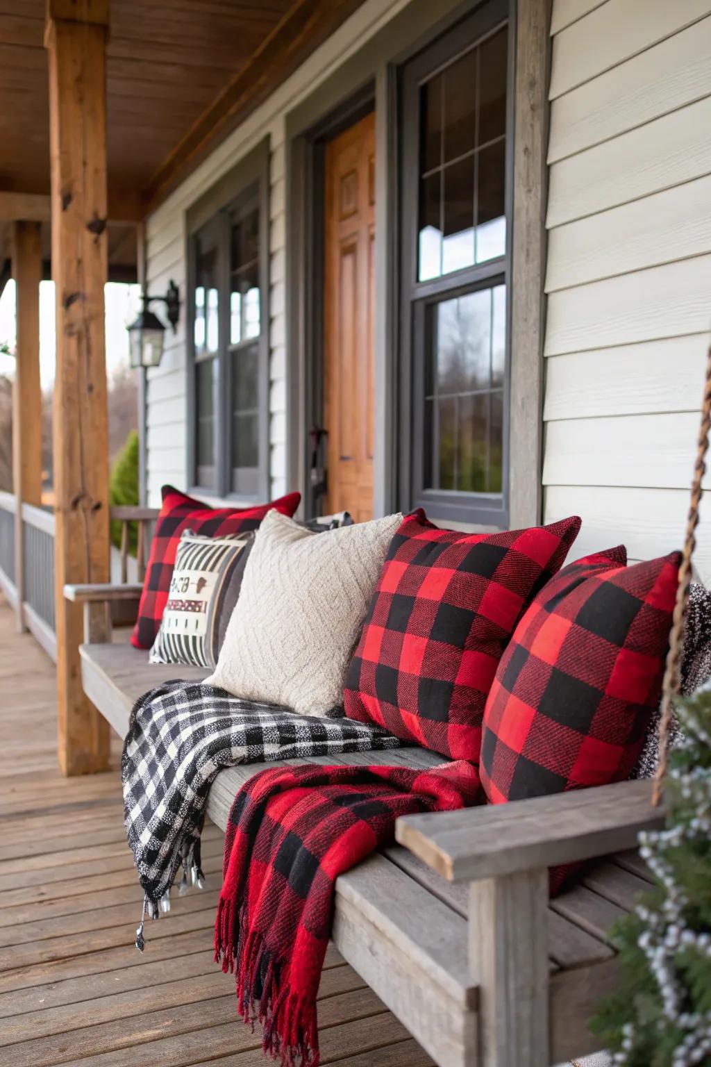 Buffalo plaid adding a rustic touch to the porch decor.