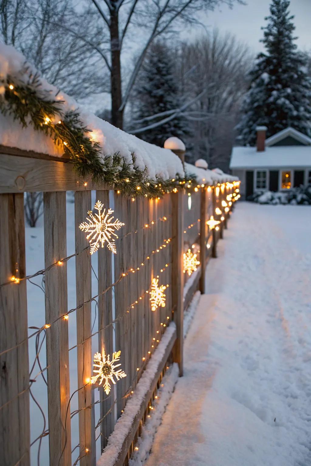 Rope light snowflakes elevating a festive fence ornamentation.