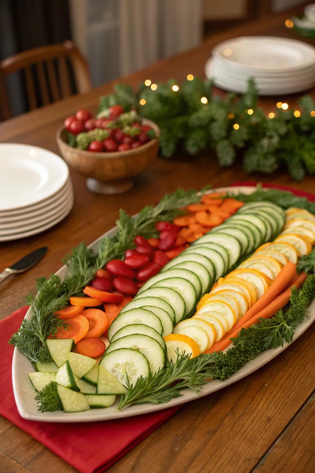 A festive garland veggie arrangement for an elegant touch.