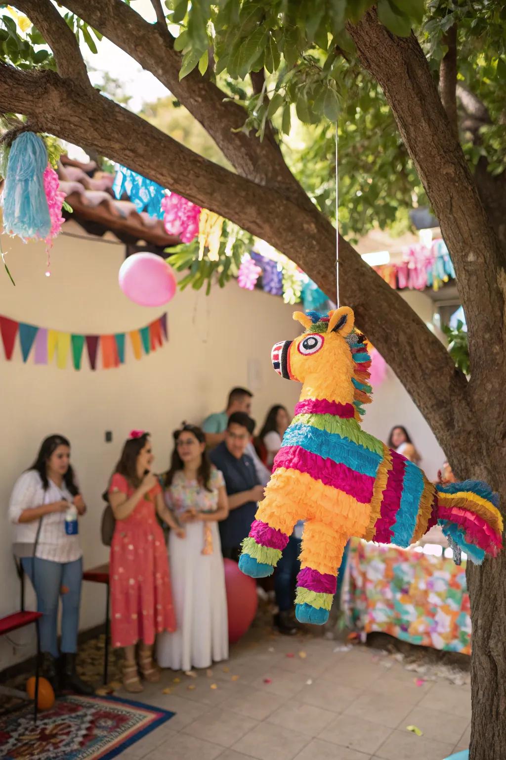 A colorful piñata ready to be enjoyed by party guests.