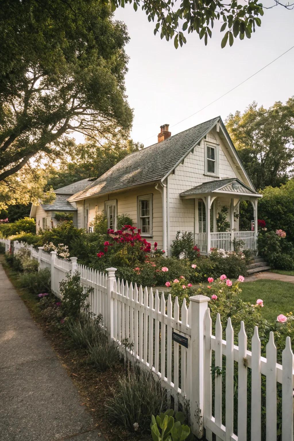 A white picket fence adds classic charm to a cottage exterior.