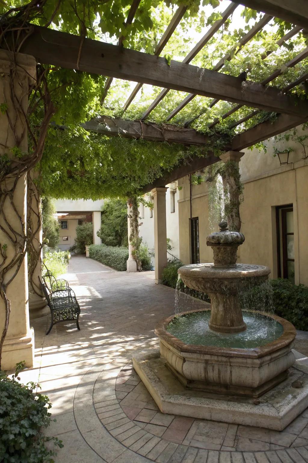 A water feature combined with shade creates a tranquil courtyard oasis.