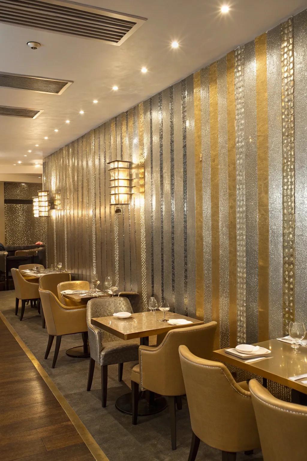 Metallic stripes add a touch of glam to this elegant dining area.