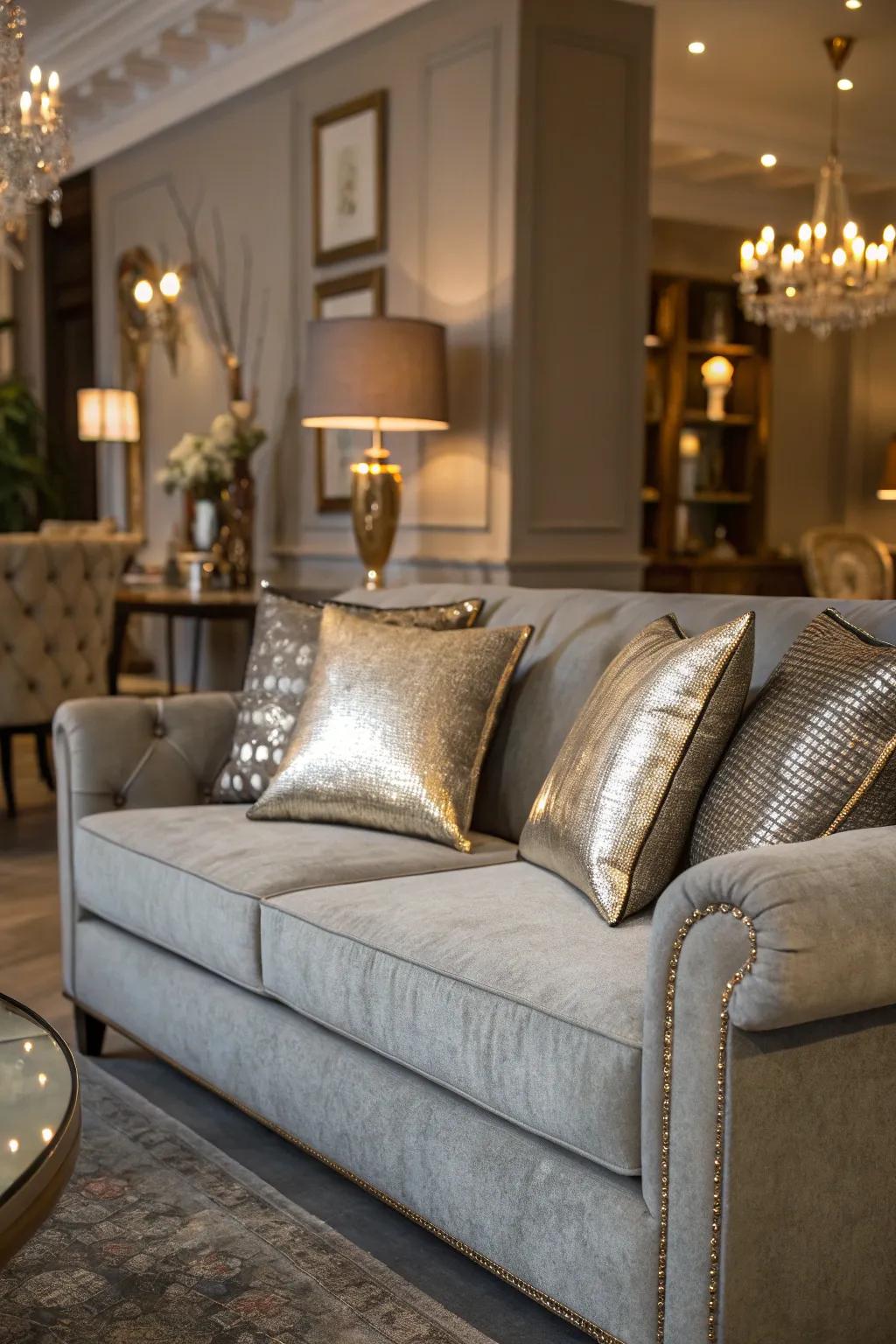 Metallic cushions add glamour and sophistication to a grey sofa.