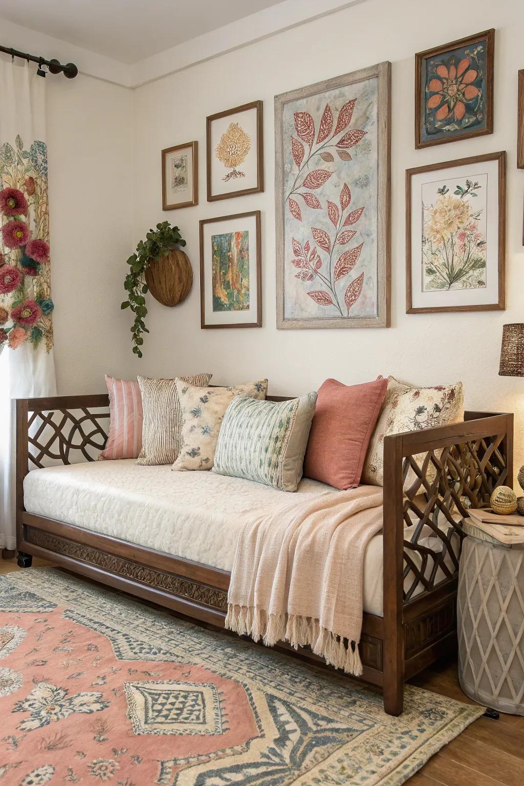 Art and decor personalize the space around a daybed.