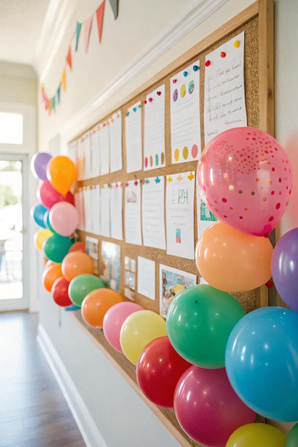 Balloon Bonanza bulletin board with joyful balloon decorations.