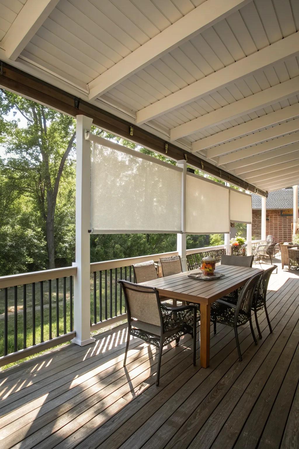 Blinds offer versatile and practical shade control for decks.