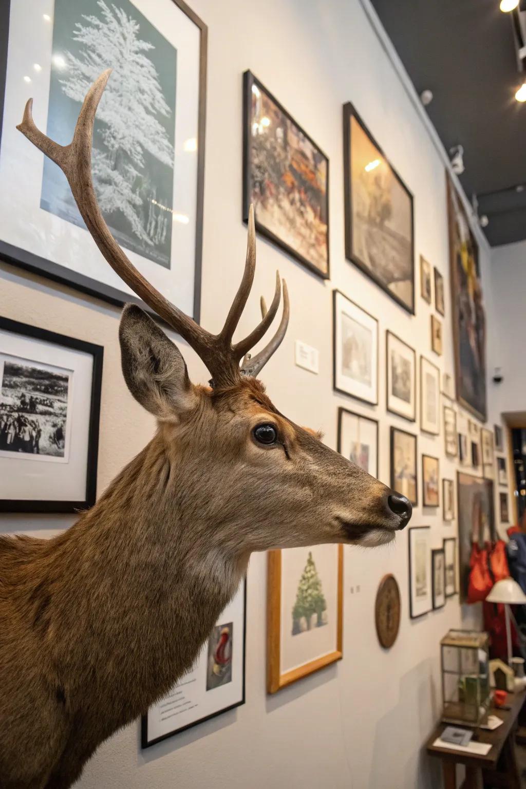 A deer mount integrated into a personalized gallery wall.