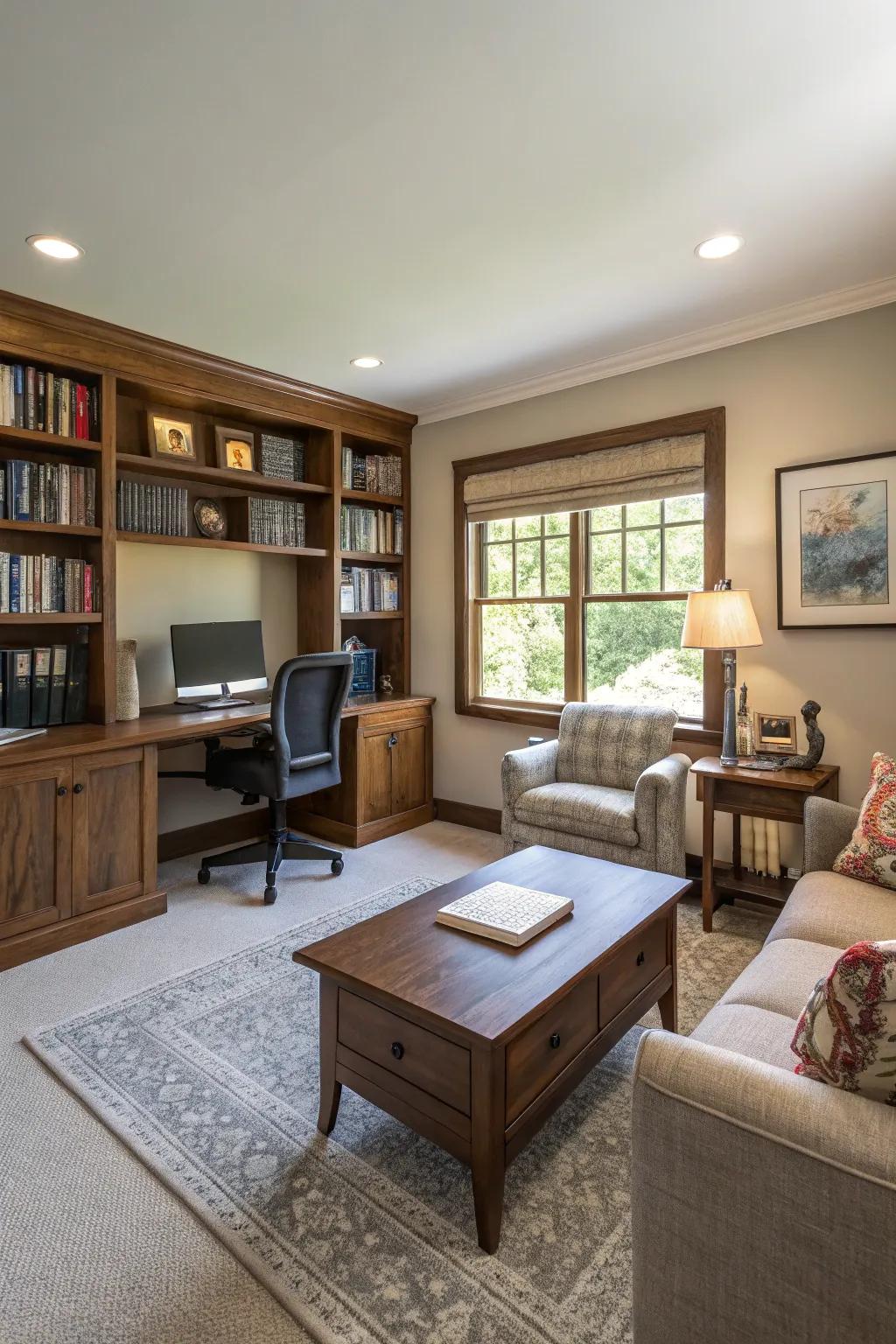 A sleek home office setup within a den.