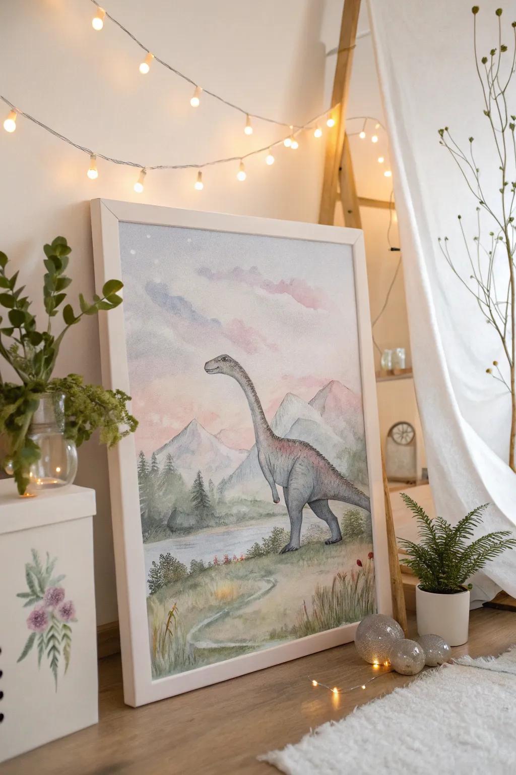 Gentle and ethereal watercolor dinosaur art