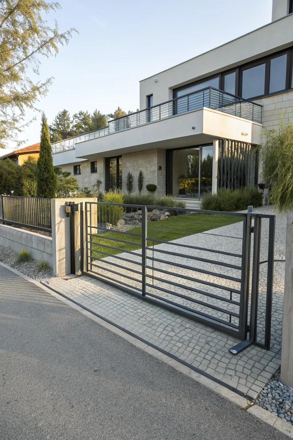 A minimalist metal gate creates a sleek and secure entrance.