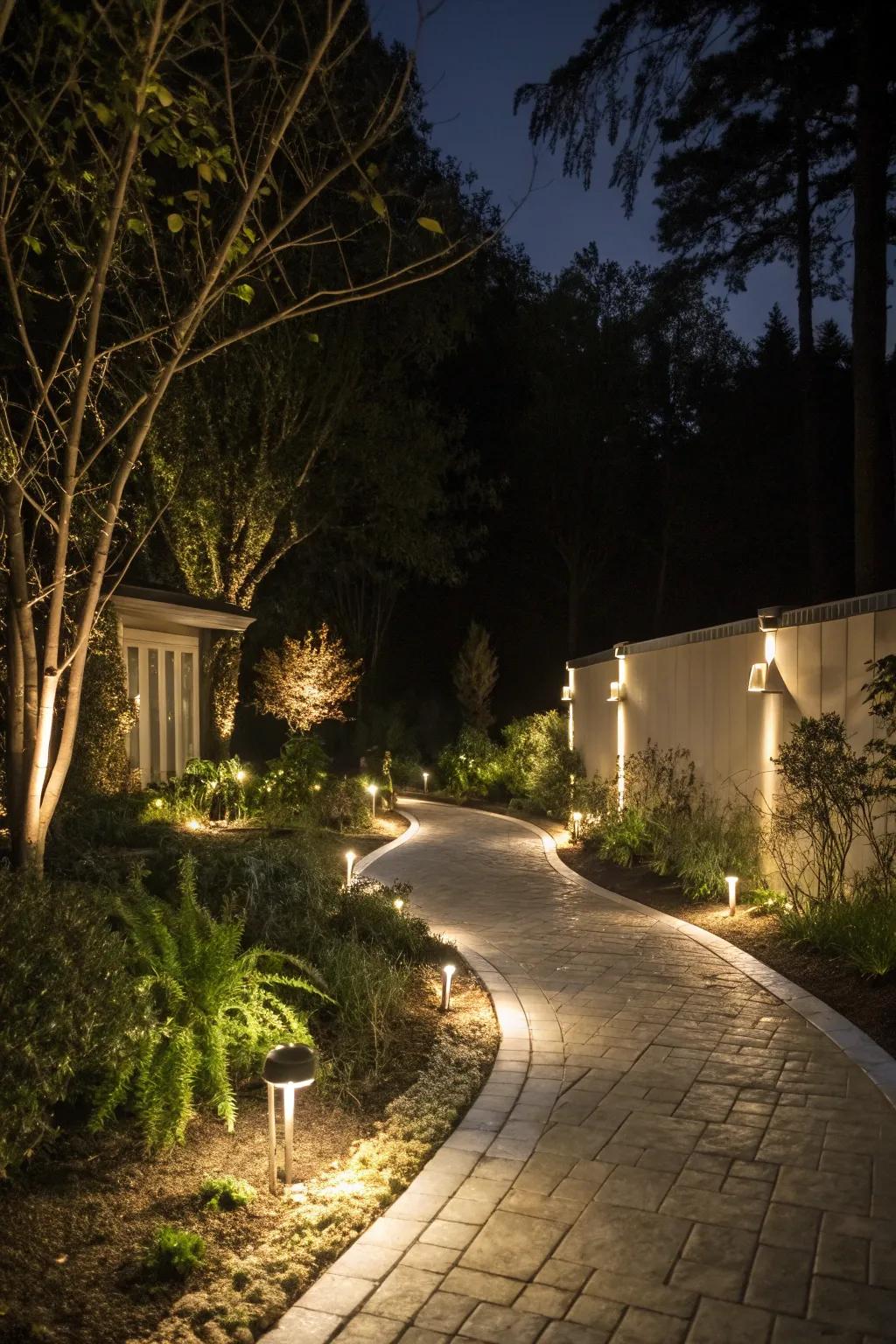 Driveway lighting creates a warm and inviting atmosphere.