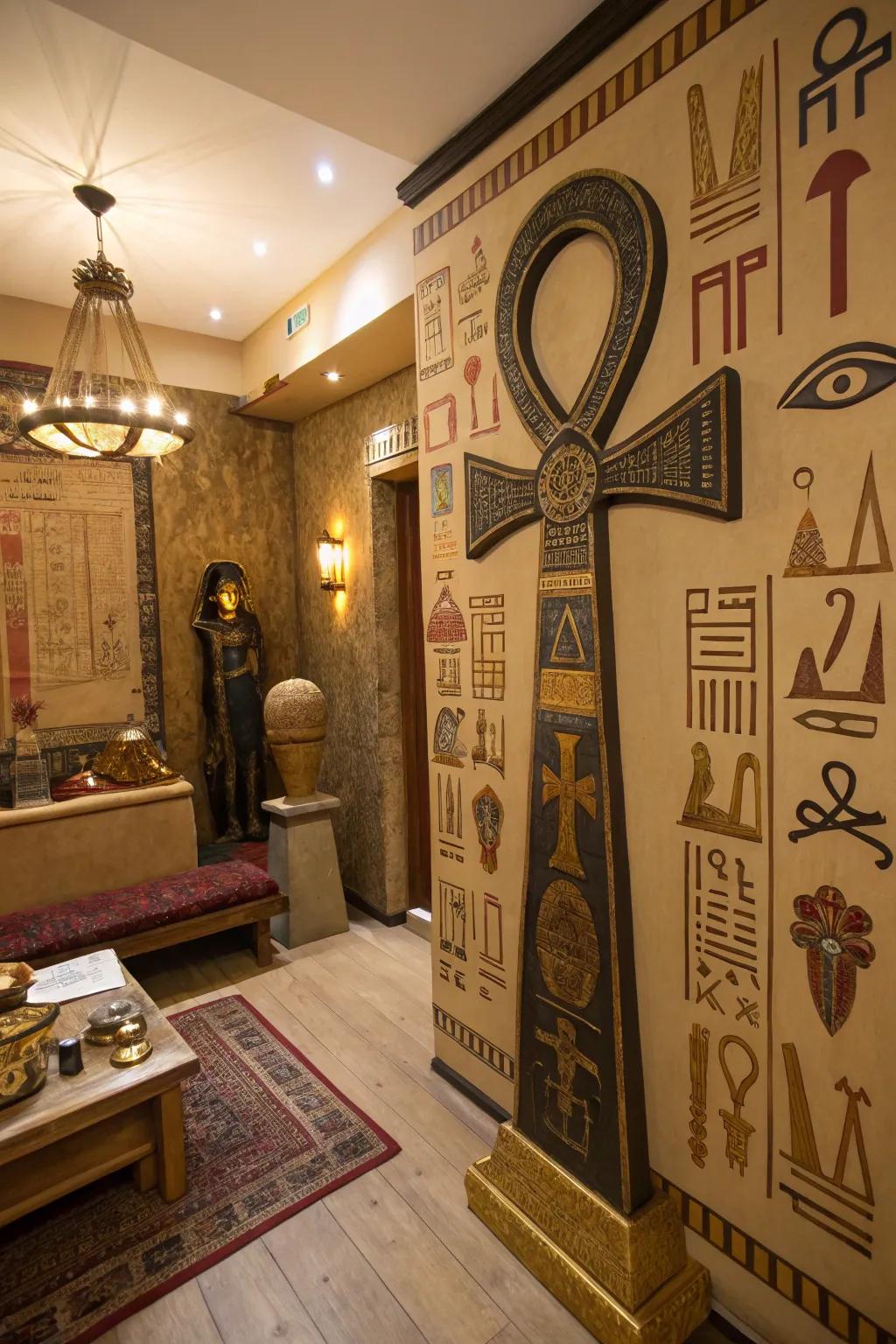 The Ankh symbol decor adds life and prosperity themes.