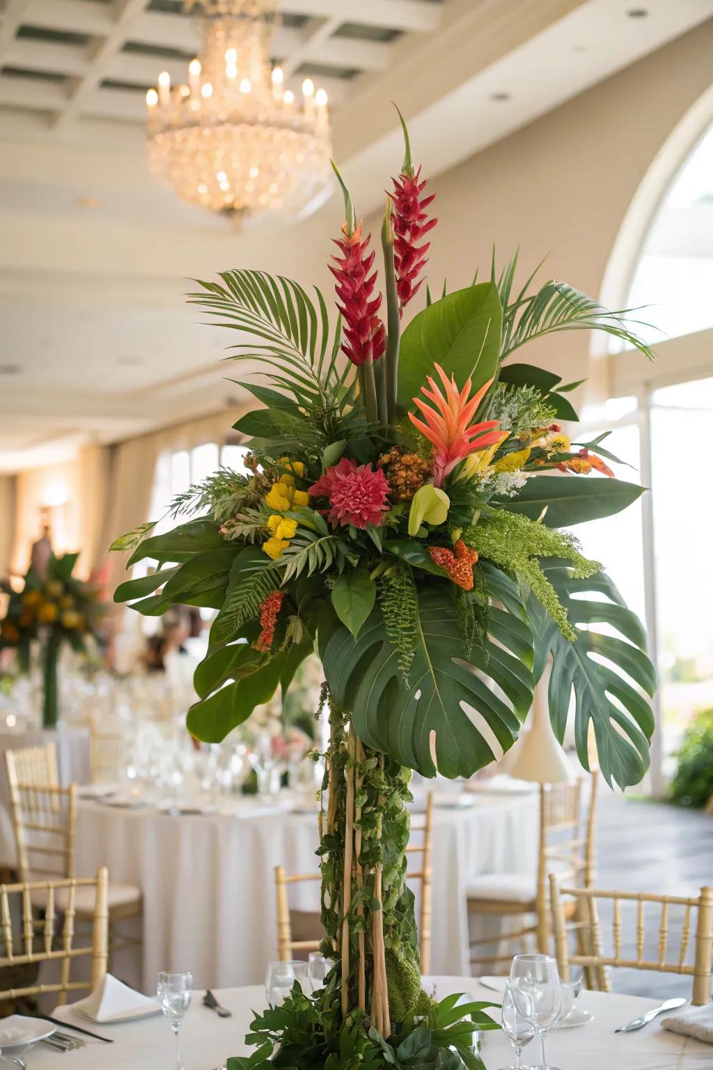 Tropical leaves and exotic flowers create a vibrant look