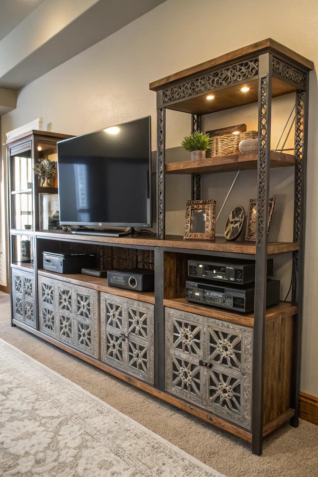 A custom-built entertainment center showcasing unique craftsmanship.