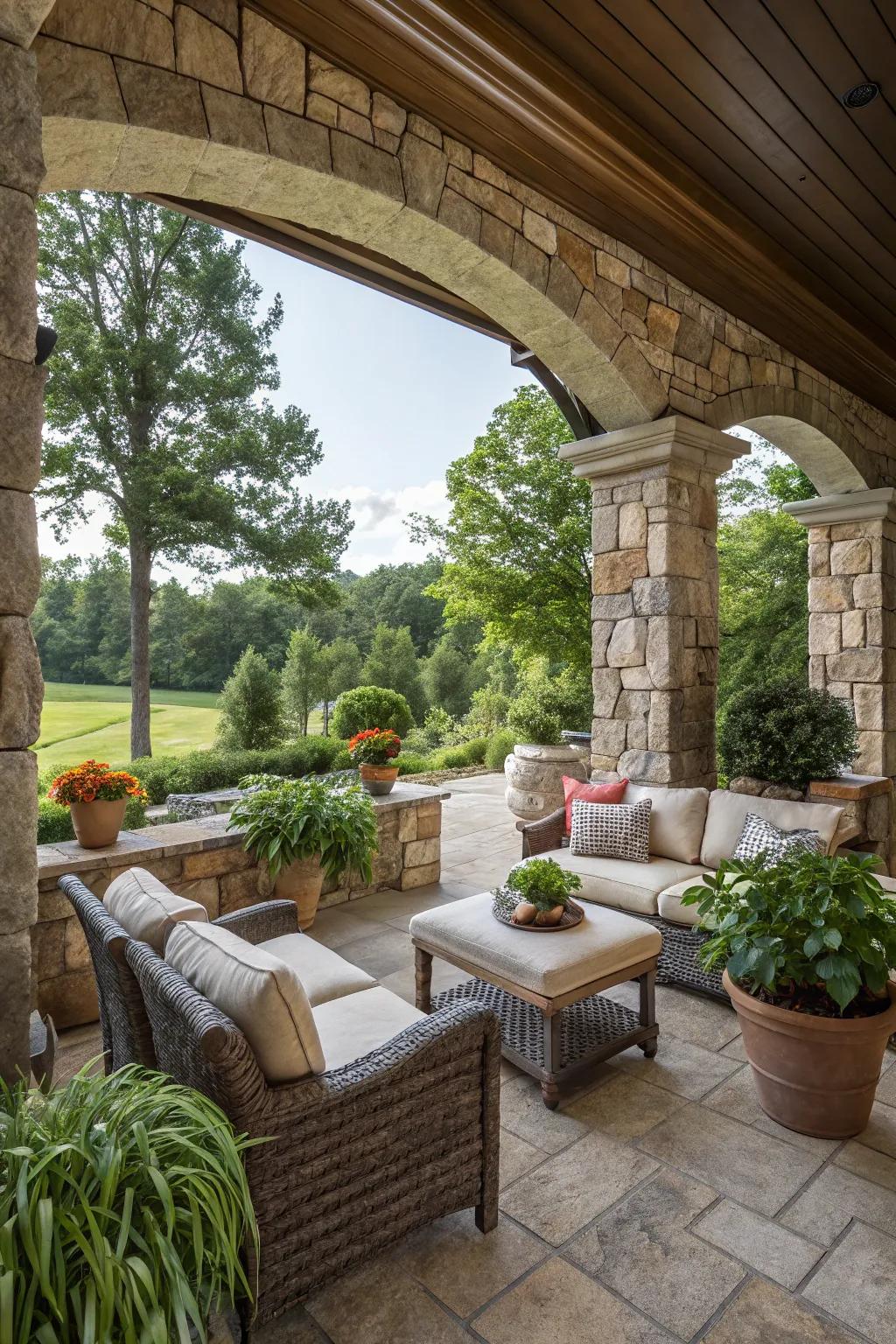 Stone walls provide privacy and style to outdoor living areas.