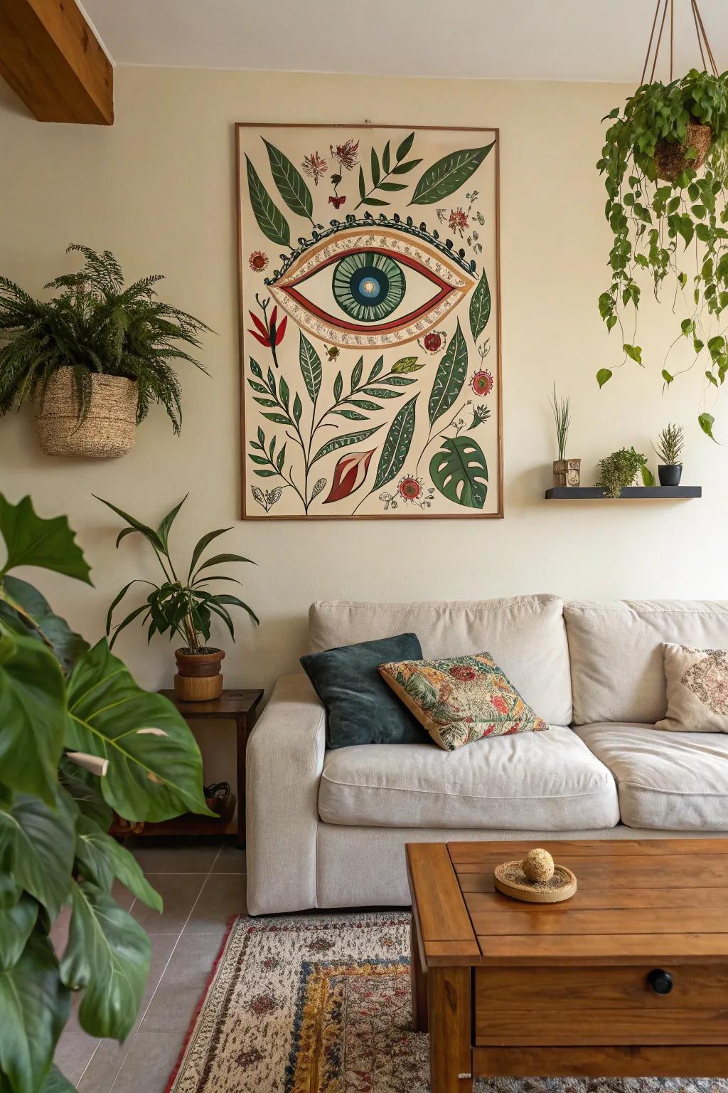 A serene eye mural featuring botanical motifs that enhances the natural feel of the space.