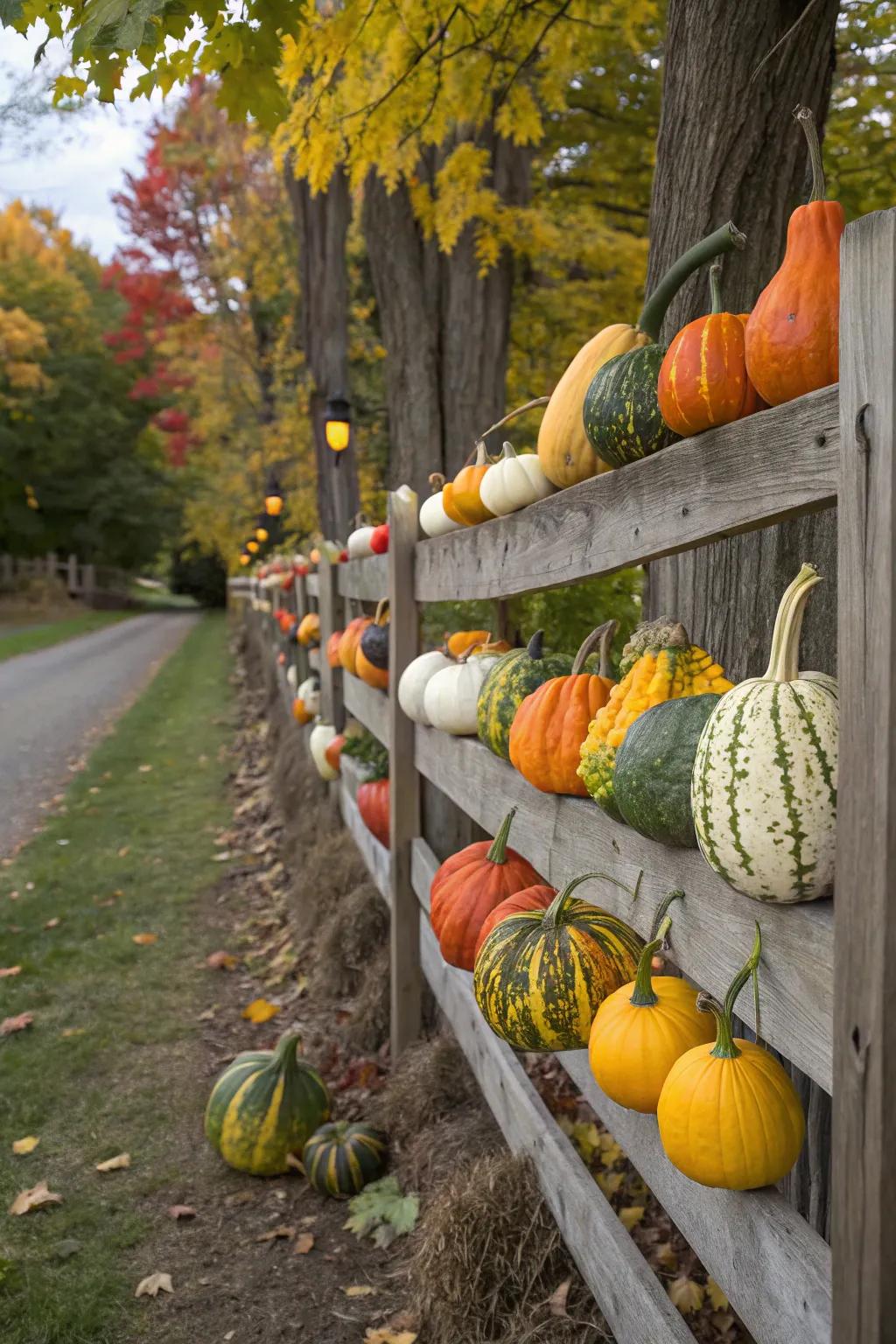 A variety of gourds create a colorful display along the fence.