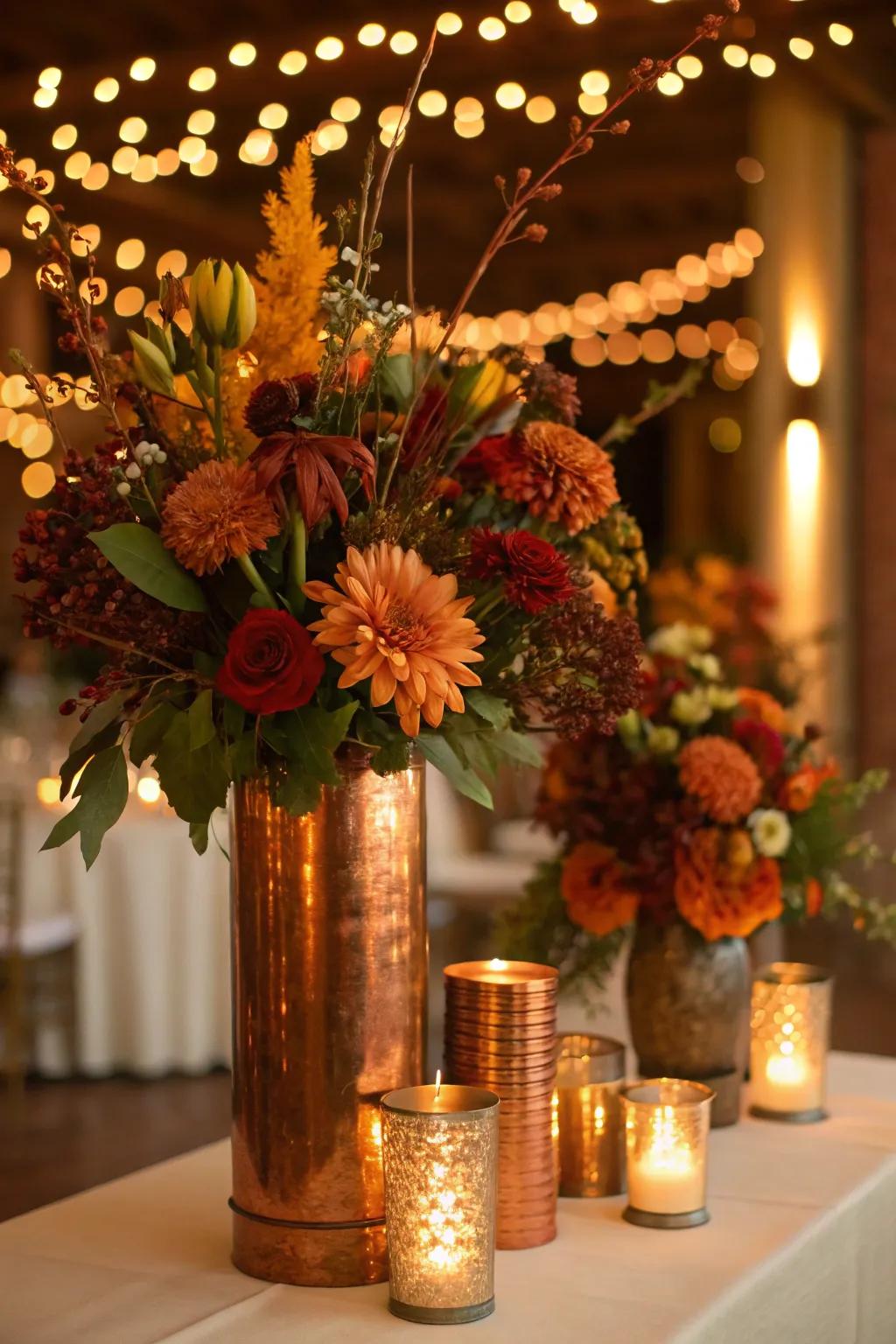 Copper vases paired with autumn flowers bring warmth to this fall wedding table.