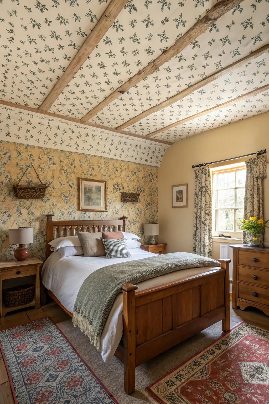 Wallpapered ceilings introduce unique patterns and colors to this farmhouse bedroom.