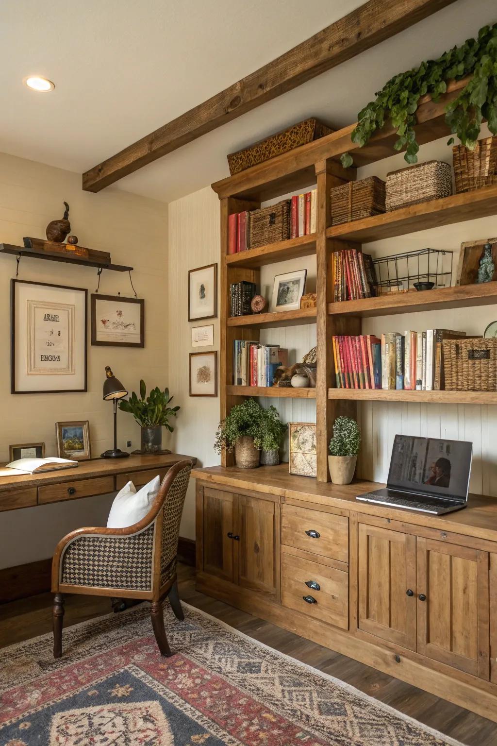 Farmhouse-style shelves for organization.