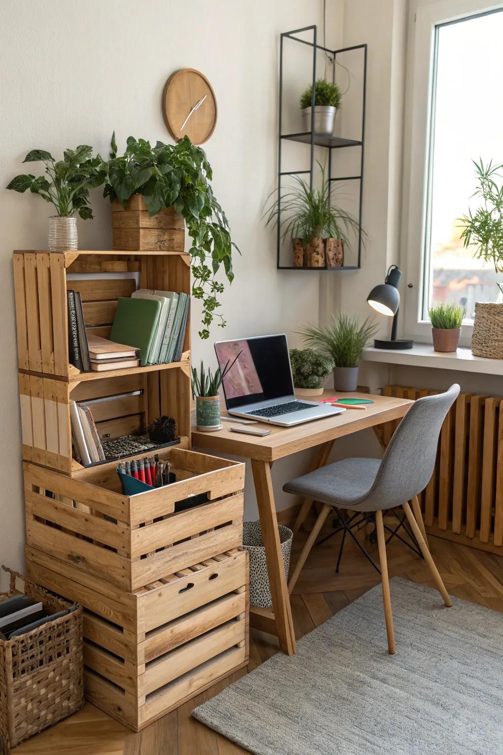 Boost productivity with a tidy crate-organized office.