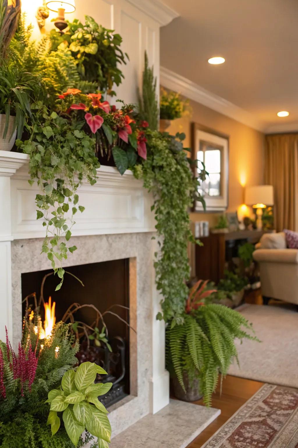 A faux fireplace bursting with lush greenery for a vibrant touch.